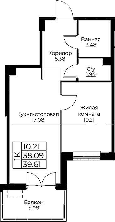 Планировка — Тишин, 2-комн., 38 м²
