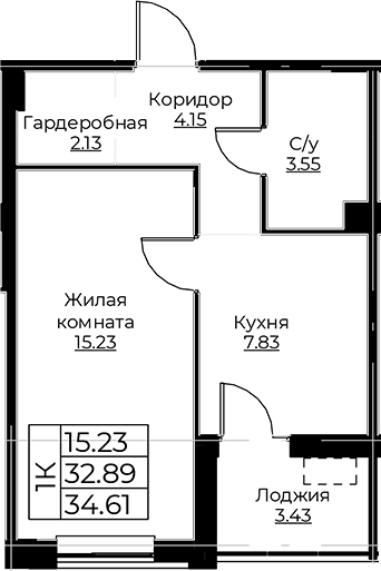 Планировка — Тишин, 1-комн., 33 м²