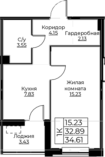 Планировка — Тишин, 1-комн., 33 м²