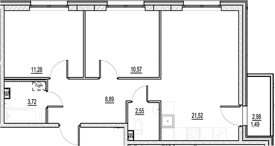 Планировка — Город-спутник Южный, 3-комн., 59 м²