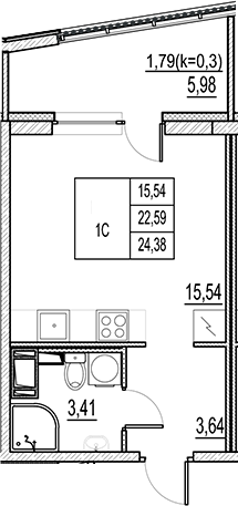 Планировка — Город-спутник Южный, Студия, 23 м²