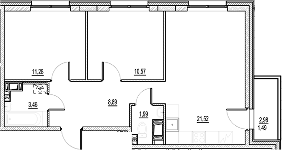 Планировка — Город-спутник Южный, 3-комн., 58 м²