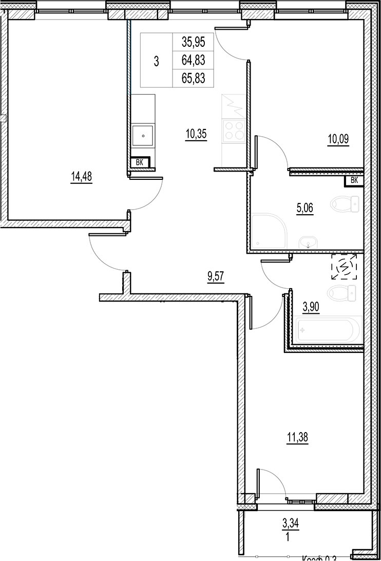 Планировка — Город-спутник Южный, 3-комн., 65 м²