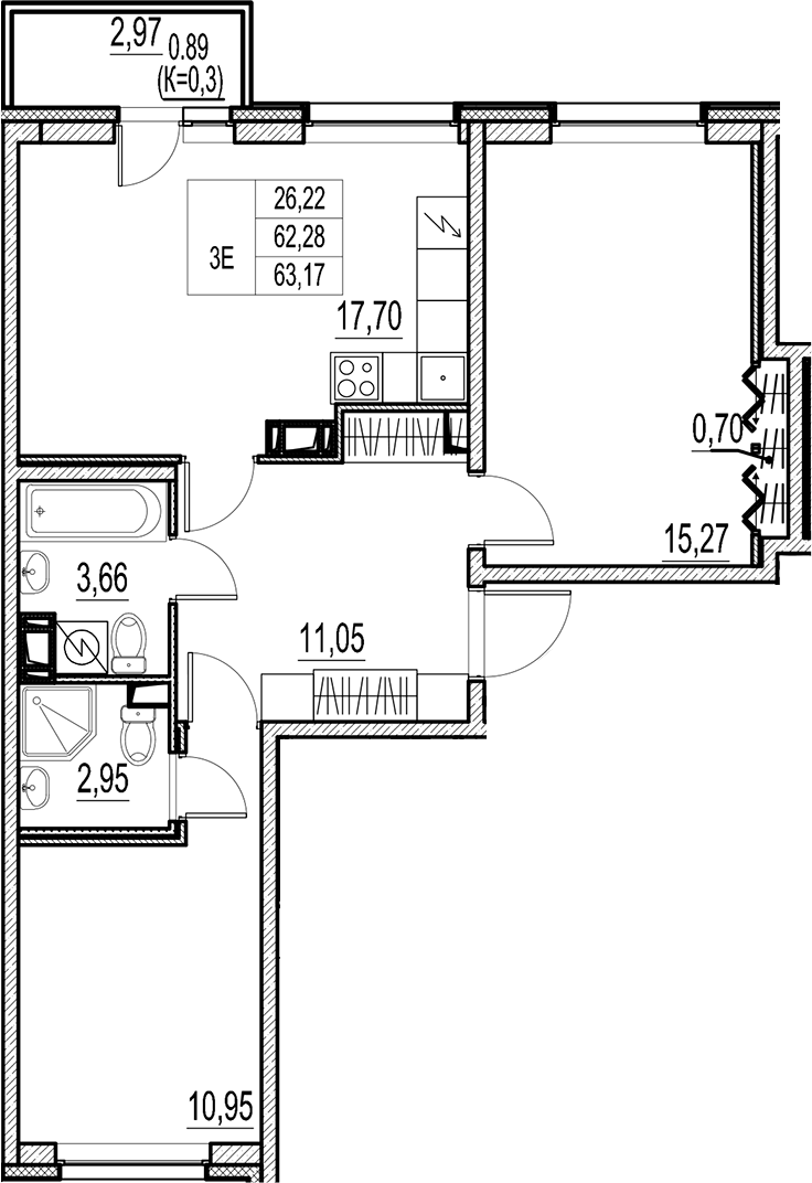 Планировка — Город-спутник Южный, 3-комн., 62 м²