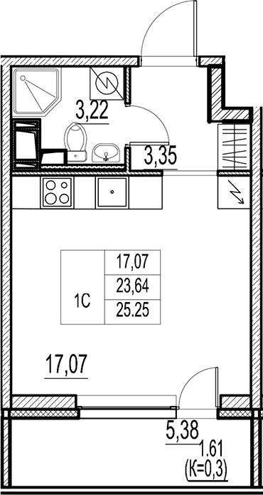 Планировка — Город-спутник Южный, Студия, 24 м²