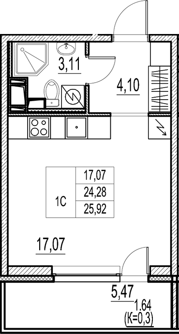 Планировка — Город-спутник Южный, Студия, 24 м²
