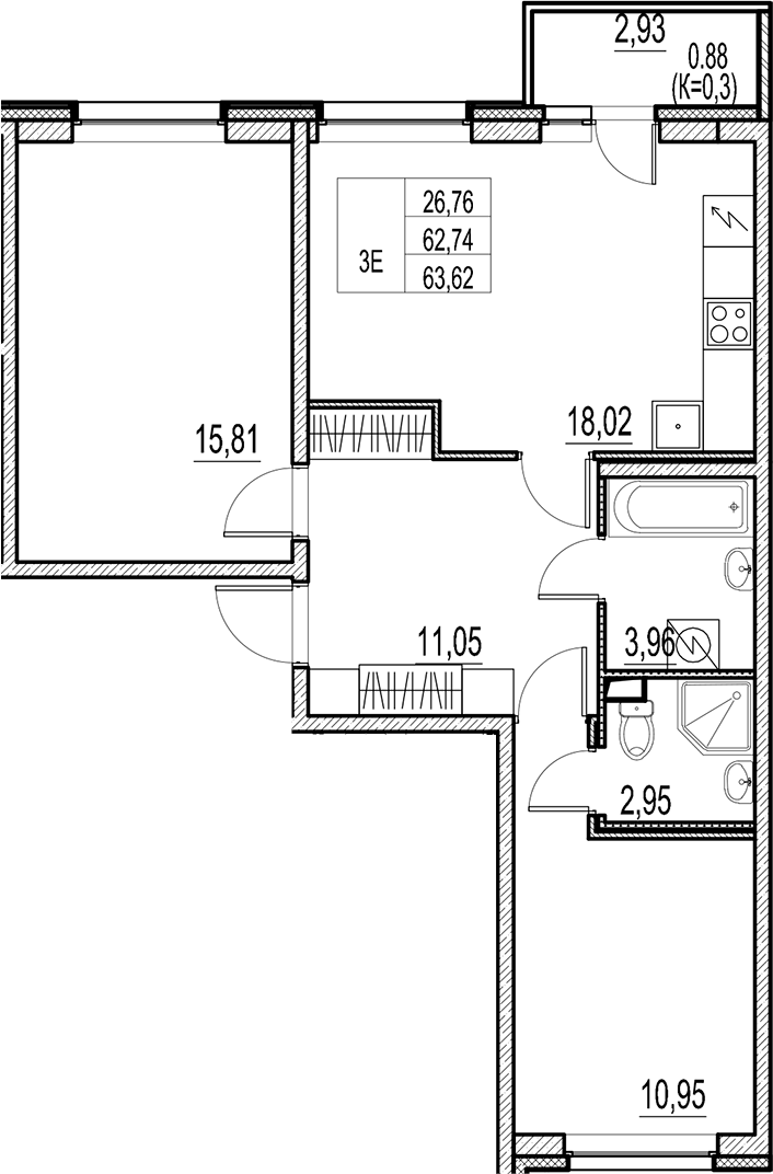 Планировка — Город-спутник Южный, 3-комн., 63 м²