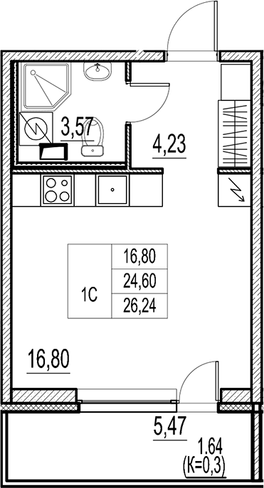 Планировка — Город-спутник Южный, Студия, 25 м²
