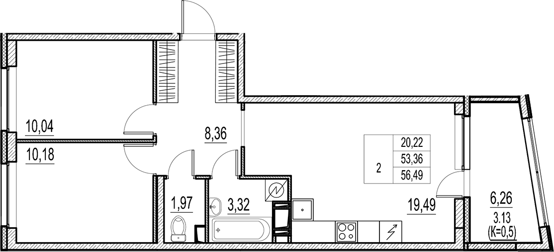 Планировка — Город-спутник Южный, 3-комн., 53 м²