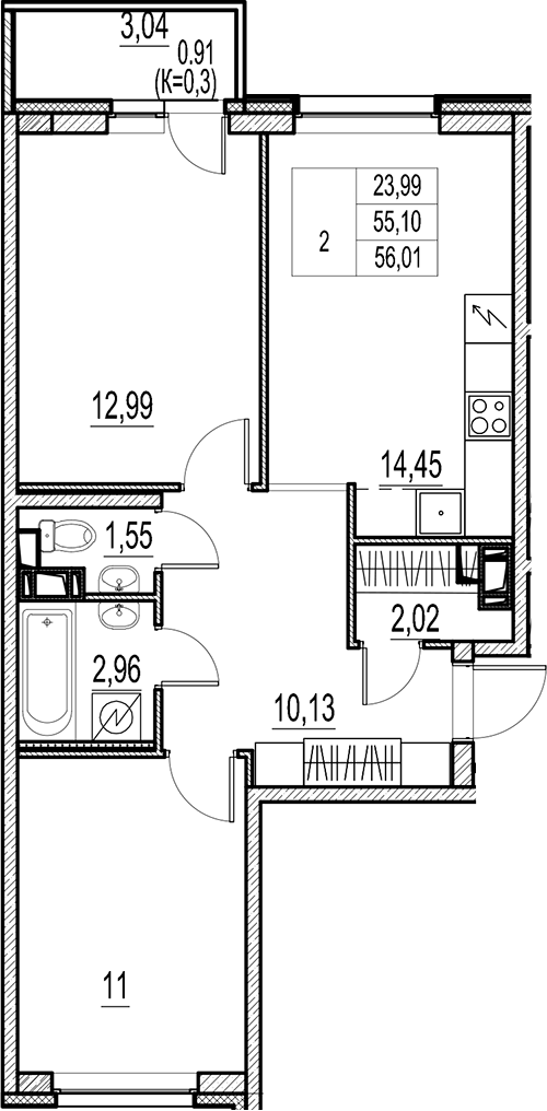 Планировка — Город-спутник Южный, 2-комн., 55 м²