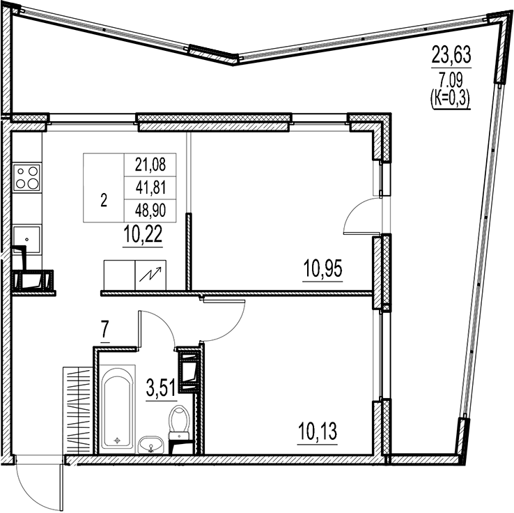 Планировка — Город-спутник Южный, 2-комн., 42 м²