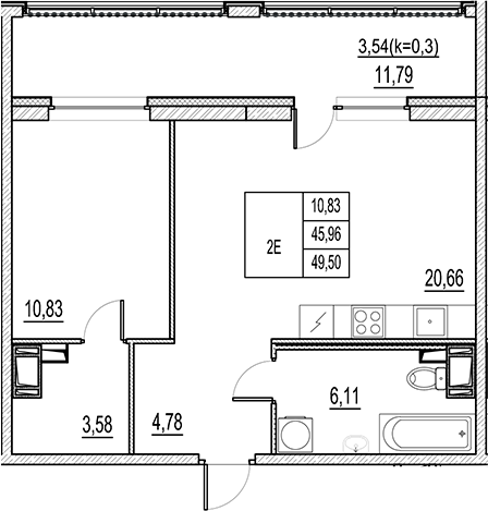 Планировка — Город-спутник Южный, 2-комн., 46 м²