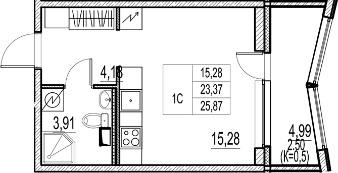 Планировка — Город-спутник Южный, Студия, 23 м²