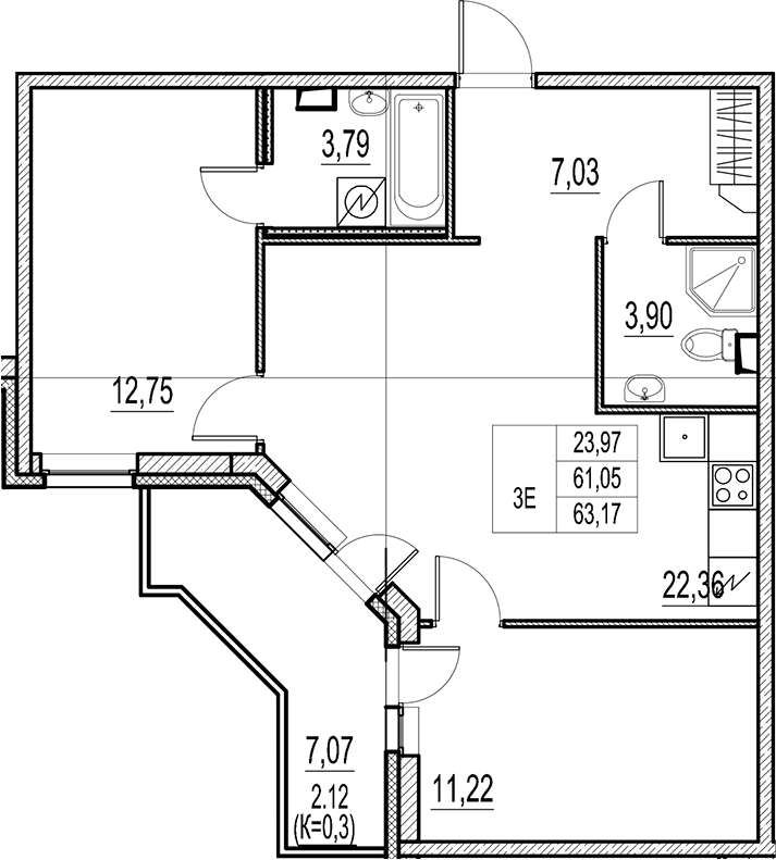Планировка — Город-спутник Южный, 3-комн., 61 м²