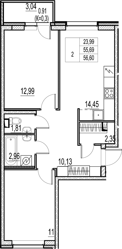 Планировка — Город-спутник Южный, 2-комн., 56 м²