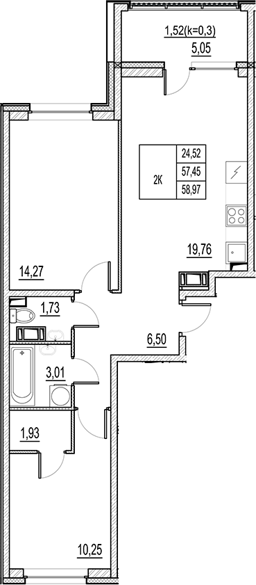 Планировка — Город-спутник Южный, 3-комн., 57 м²