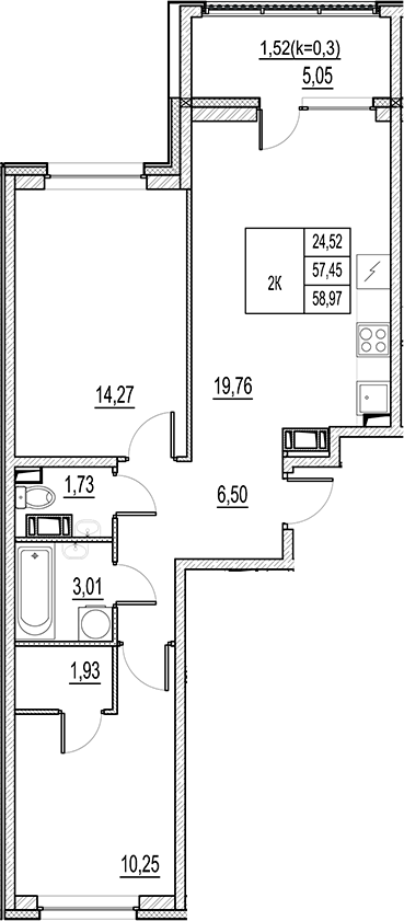 Планировка — Город-спутник Южный, 3-комн., 57 м²