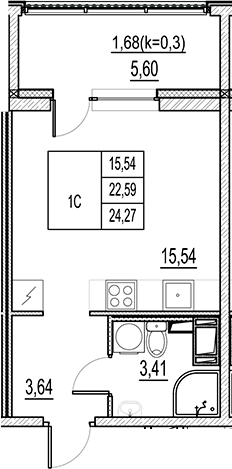 Планировка — Город-спутник Южный, Студия, 23 м²
