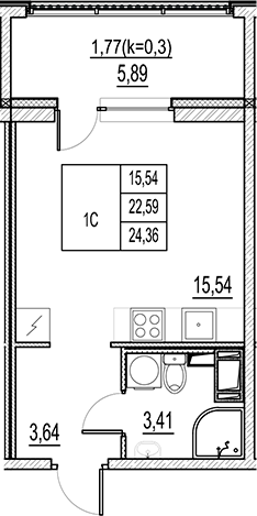 Планировка — Город-спутник Южный, Студия, 23 м²