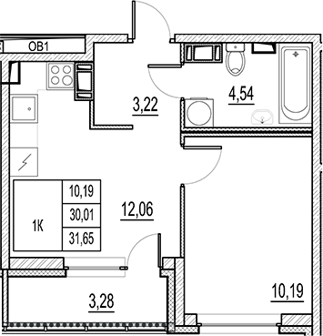 Планировка — Город-спутник Южный, 1-комн., 30 м²