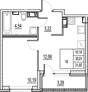 Планировка — Город-спутник Южный, 1-комн., 30 м²