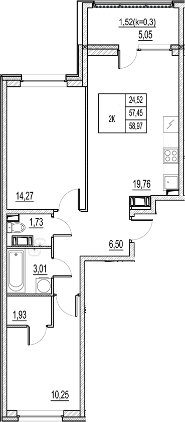 Планировка — Город-спутник Южный, 3-комн., 57 м²