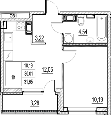 Планировка — Город-спутник Южный, 1-комн., 30 м²