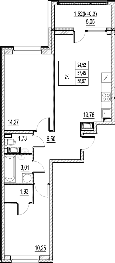 Планировка — Город-спутник Южный, 3-комн., 57 м²