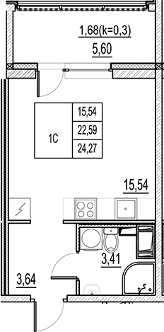 Планировка — Город-спутник Южный, Студия, 23 м²