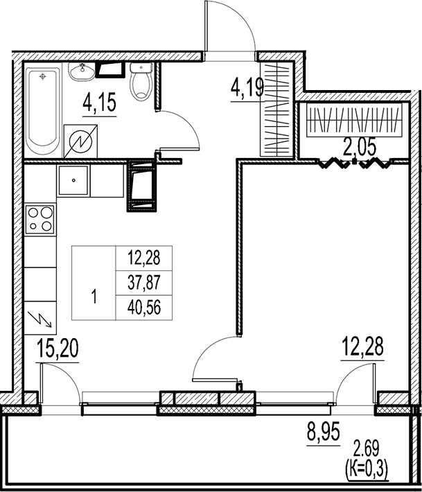 Планировка — Город-спутник Южный, 2-комн., 38 м²