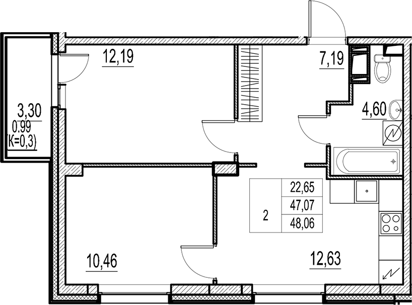 Планировка — Город-спутник Южный, 2-комн., 47 м²
