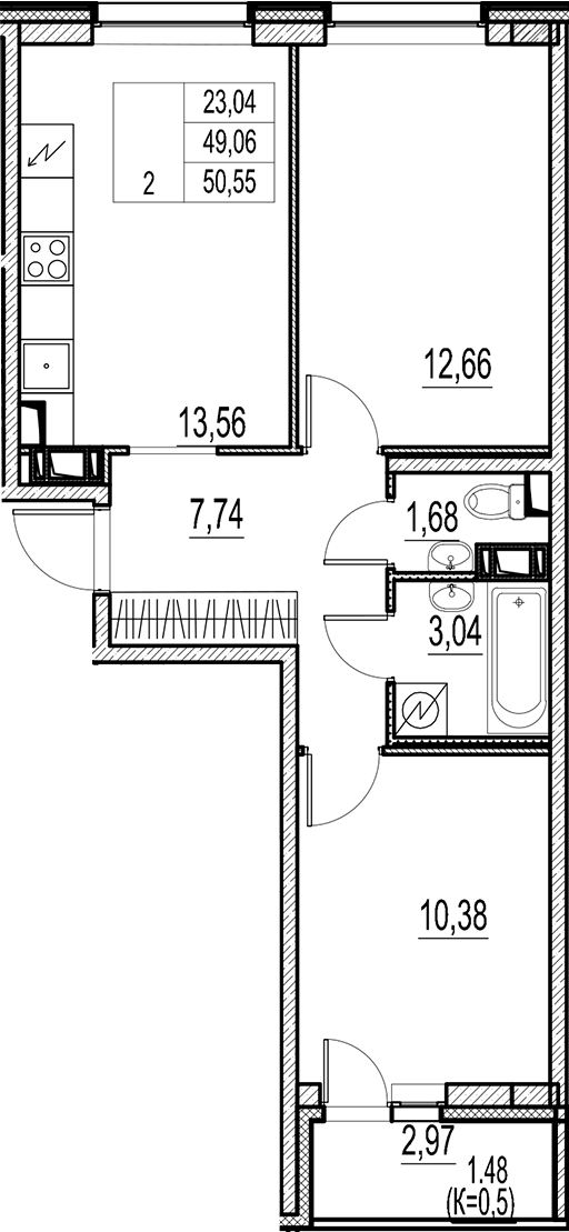 Планировка — Город-спутник Южный, 2-комн., 49 м²