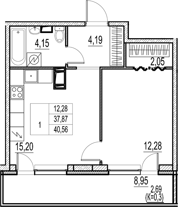 Планировка — Город-спутник Южный, 2-комн., 38 м²