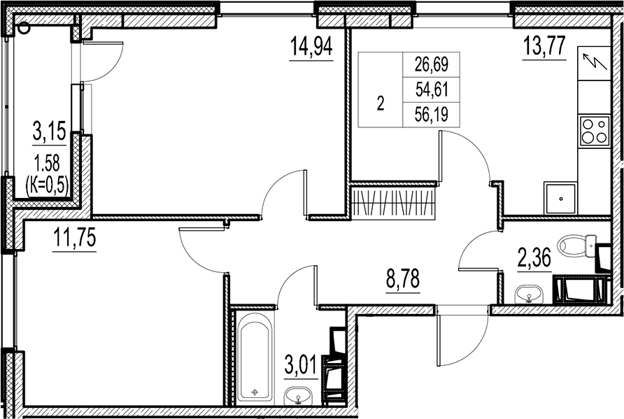 Планировка — Город-спутник Южный, 2-комн., 55 м²