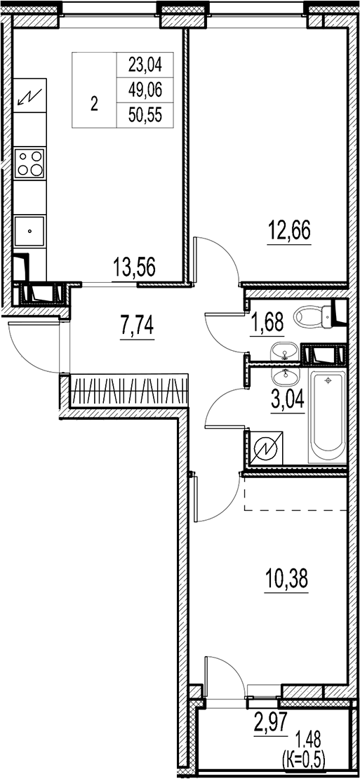 Планировка — Город-спутник Южный, 2-комн., 49 м²