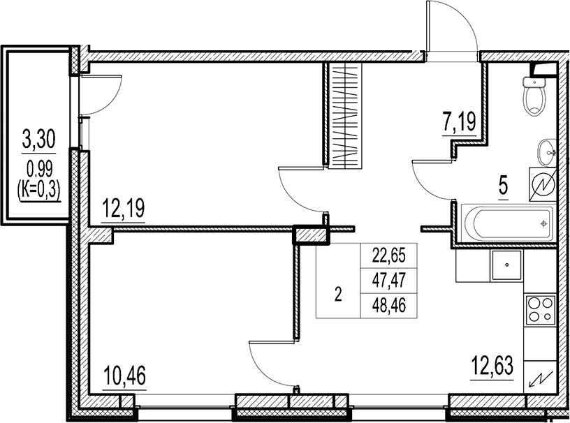 Планировка — Город-спутник Южный, 2-комн., 47 м²