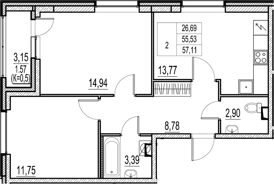 Планировка — Город-спутник Южный, 2-комн., 56 м²