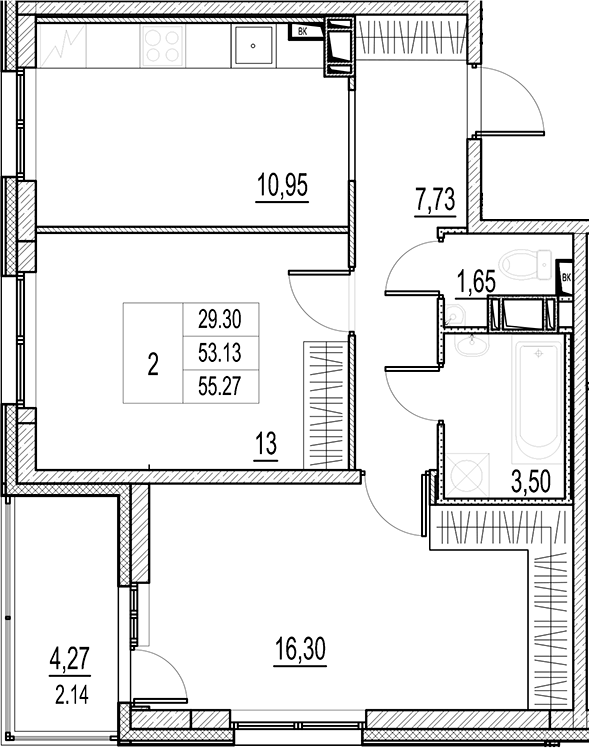 Планировка — Город-спутник Южный, 2-комн., 53 м²