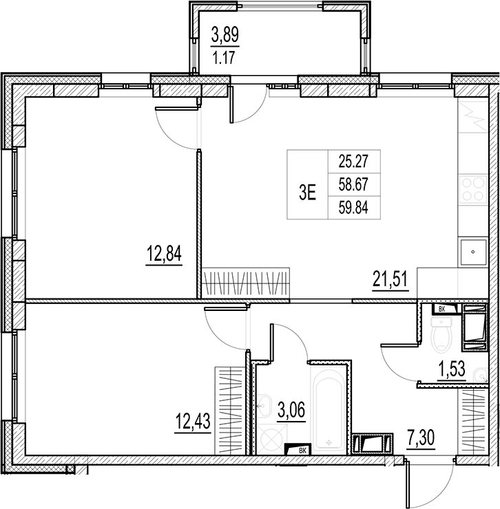 Планировка — Город-спутник Южный, 3-комн., 59 м²