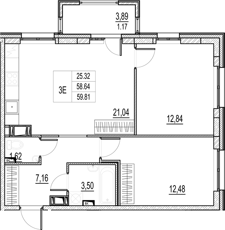 Планировка — Город-спутник Южный, 3-комн., 59 м²