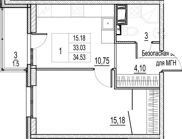 Планировка — Город-спутник Южный, 1-комн., 33 м²