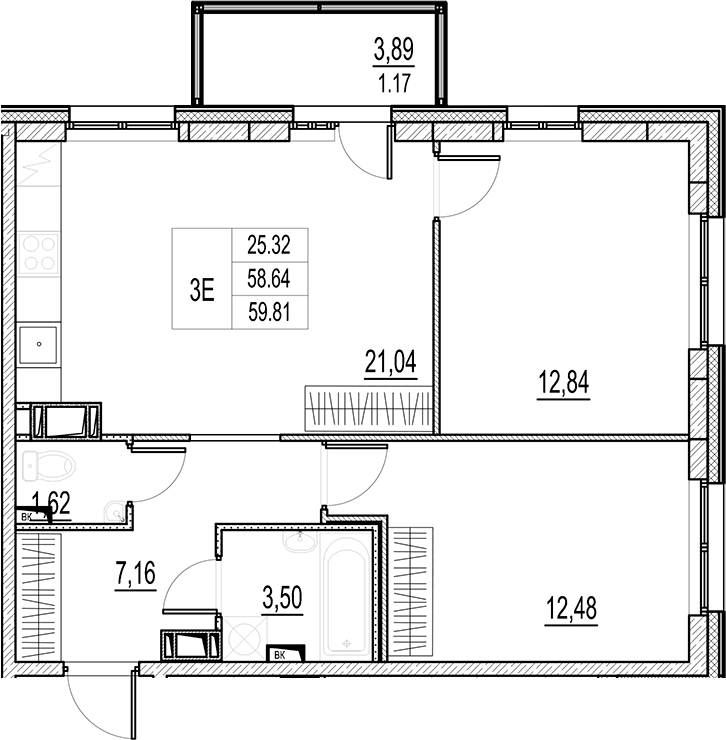Планировка — Город-спутник Южный, 3-комн., 59 м²