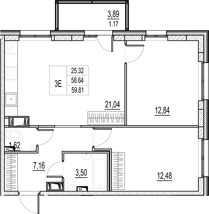 Планировка — Город-спутник Южный, 3-комн., 59 м²
