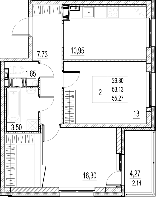 Планировка — Город-спутник Южный, 2-комн., 53 м²