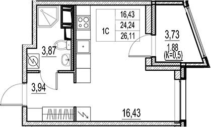 Планировка — Город-спутник Южный, Студия, 24 м²
