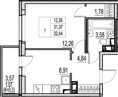 Планировка — Город-спутник Южный, 1-комн., 31 м²