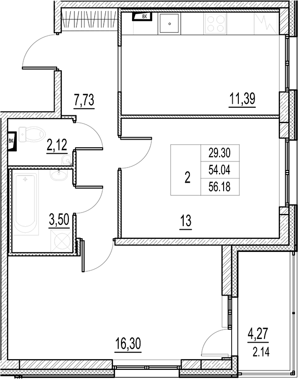 Планировка — Город-спутник Южный, 2-комн., 54 м²