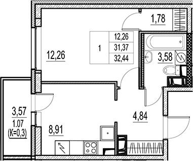 Планировка — Город-спутник Южный, 1-комн., 31 м²