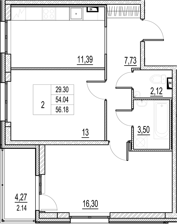 Планировка — Город-спутник Южный, 2-комн., 54 м²
