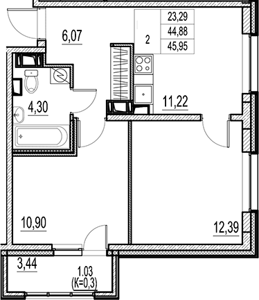 Планировка — Город-спутник Южный, 2-комн., 45 м²